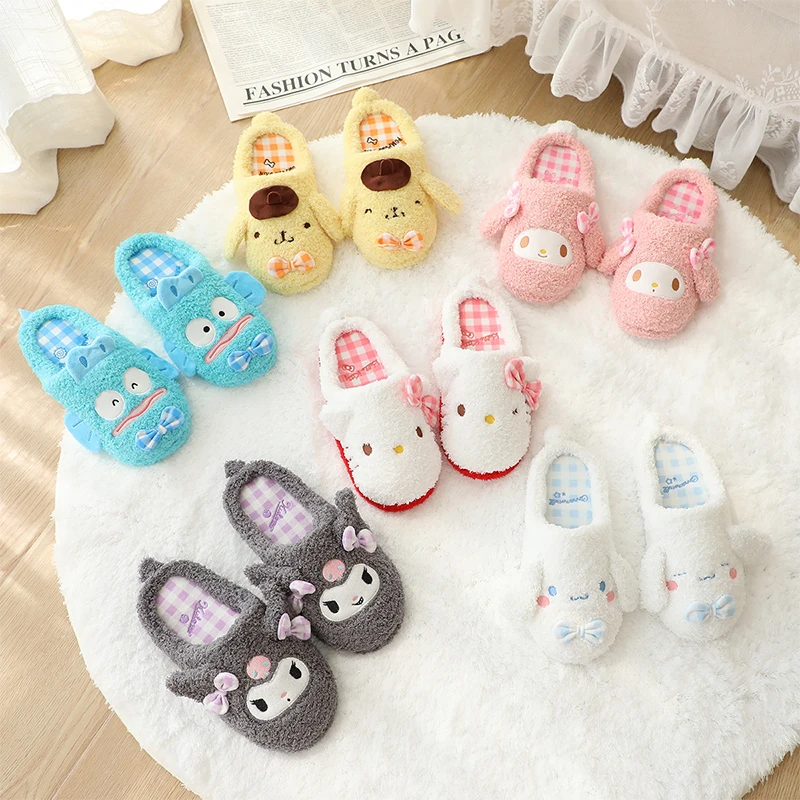 

Cartoon Sanrio Kuromi Cinnamoroll Hello Kitty Pompompurin Plush Soft Slippers Girl Cute Anime Indoor Anti-Slip Slippers Toy Gift