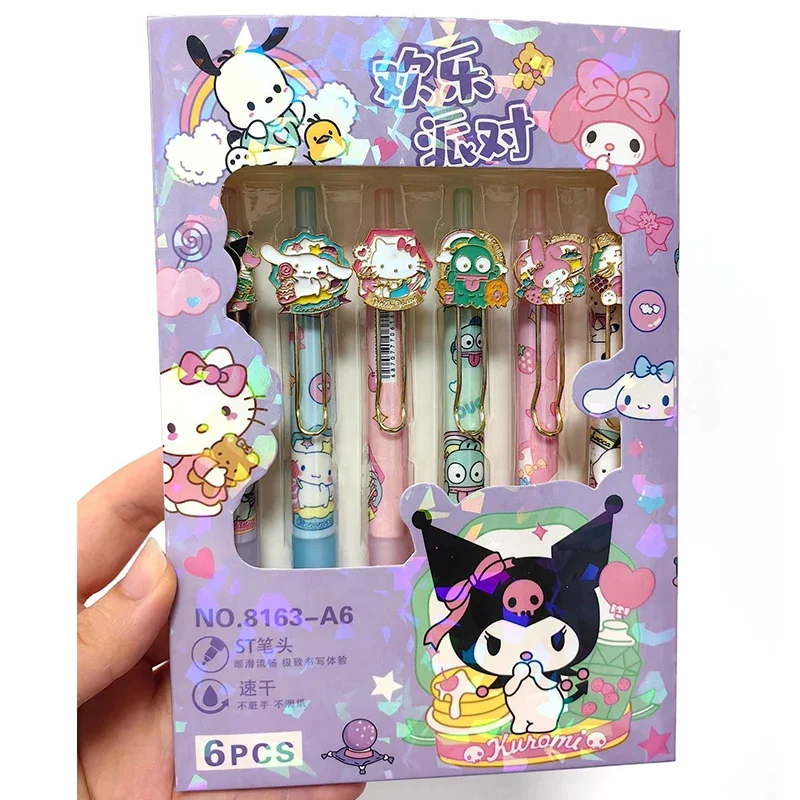 

Новинка, 6 шт./кор., милый металлический кулон Sanrio, шариковая ручка-роллер, канцелярские принадлежности с героями мультфильмов, Mymelody Kuromi Cinnamoroll Hanyodon Pochacco, гелевая ручка