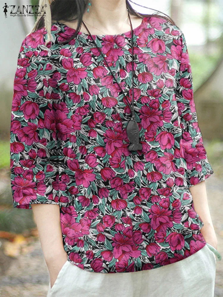 ZANZEA Fashion Holiday 3/4 Sleeve Blouses Vintage Round Neck Tops Casual Loose Flower Print Shirt Party 2023 Autumn Blusas Mujer