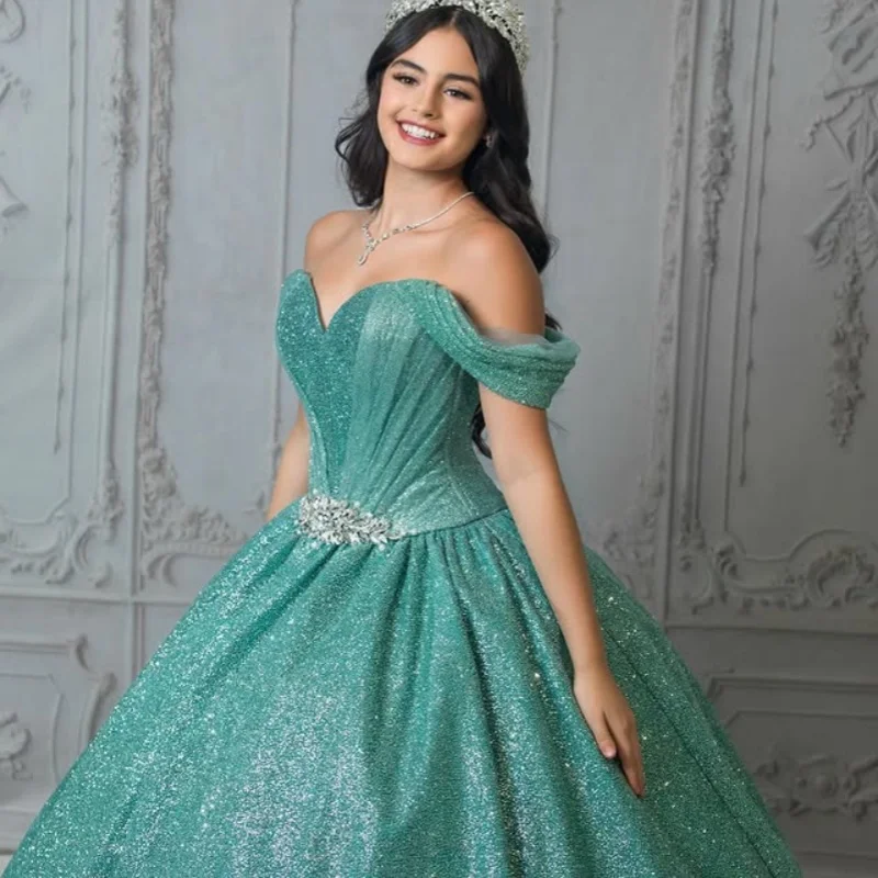 반짝이는 공작새 블루 킨세아녜라 드레스 레이스 레이어링 오프숄더 튤 베스티도스 데 15 킨세아녜라 ﻿ 맞춤형