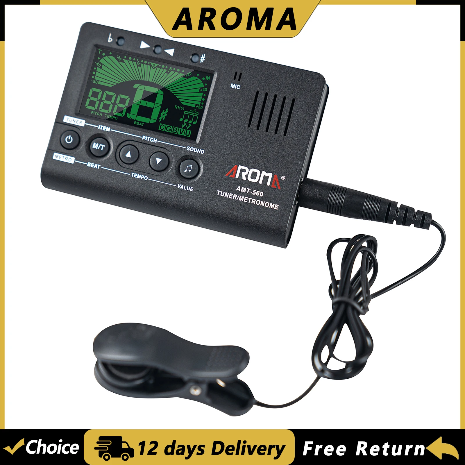 

Электронный тюнер и метроном AROMA AMT-560 для гитары, хроматический, для бас-гитары, скрипки, укулеле, со встроенным микрофоном и кабелем-приемником 6,35 мм