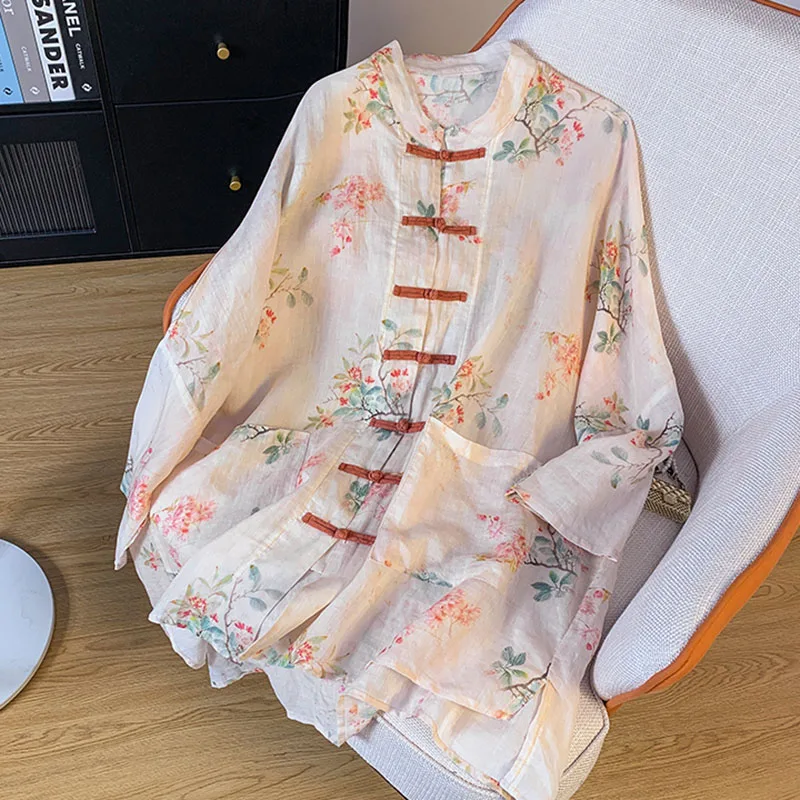 Linen Print Chinese Style Buckle Shirt Women Summer New Korean Loose Sun-Protective Cardigan Elegant Casual Long Print Shirt Top