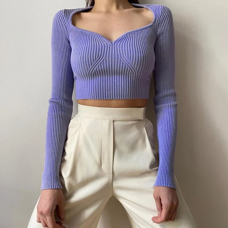 Long-sleeved Slim Top Women's Spring and Autumn Fashion High-elastic New White/blue/purple Sexy Peach Heart V-neck Wool Sweater