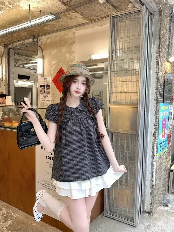 

plus Size Fashionable Casual Slimming Retro Doll Collar Shirt Short Sleeve Loose T-Shirt Women's Cute Style Chinese Brand