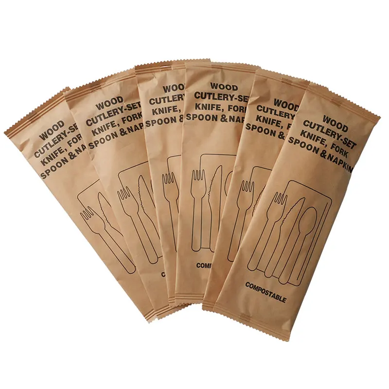 20pcs Disposable Wooden Cutlery Combo(Fork Knife Spoon Paper Napkin) Portable Party Camping Biodegradable Wooden Tableware Set