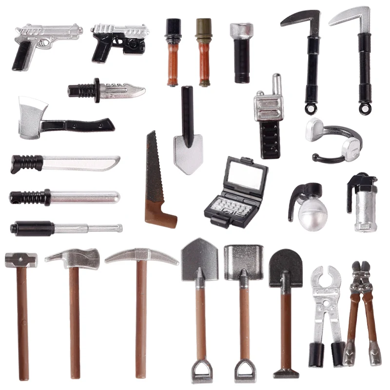 Military Soldiers Shield Gun Equipment Figure Weapon Building Blocks Farm Grain Tool Dagger Sheep Horn Hammer Bricks Boy Toys