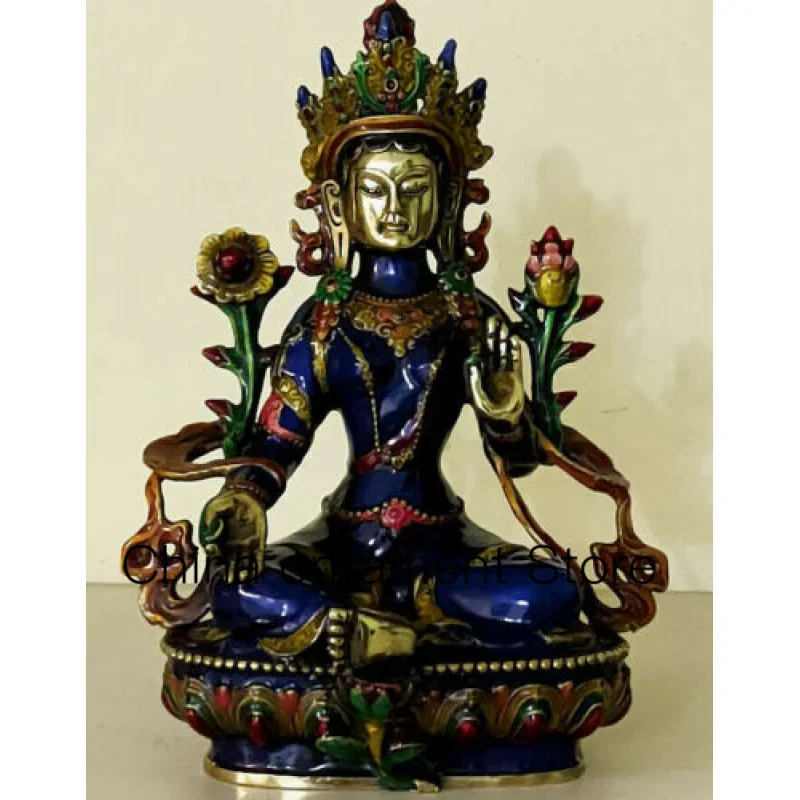 

Antique Cloisonne Technology Hand Carved Green Tara Old Bronze Statue