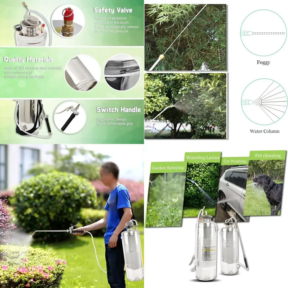 

Ручной распылитель из нержавеющей стали на 3 галлона для уборки газонов, садов и полов (шланг 20 футов и 3 насадки, серебристый)