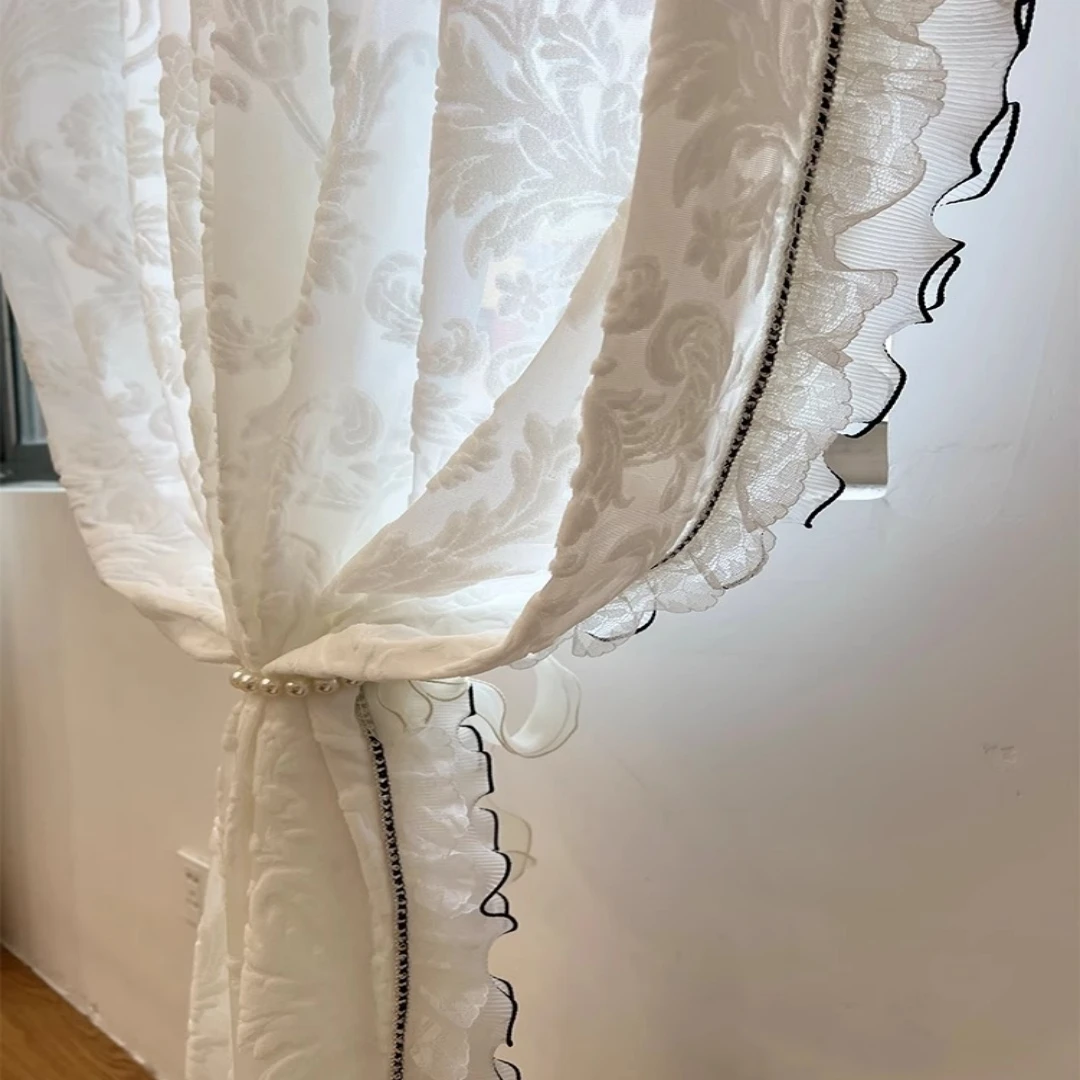 1pc Vintage Raised Floral Sheer Curtain, Elegant White Window Drape with Black Edge Ruffle, Light Filtering for Home Decor