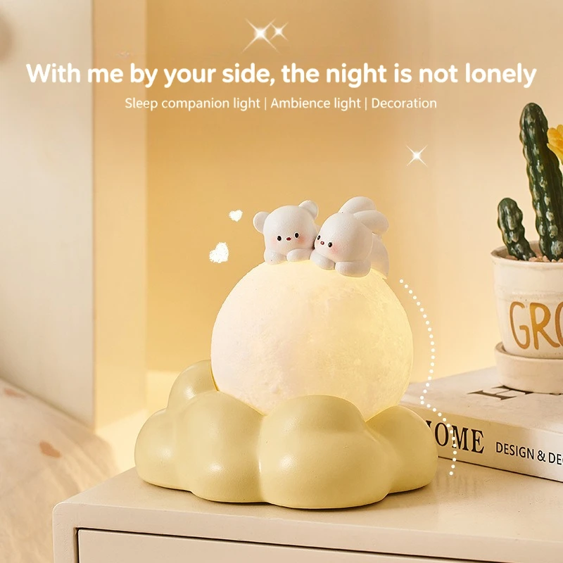 Bear & Rabbit Moon Night Light Cute Resin Cloud Base LED Lamp Warm Light Tabletop Decorative Light for Bedroom, Kids Room & Gift