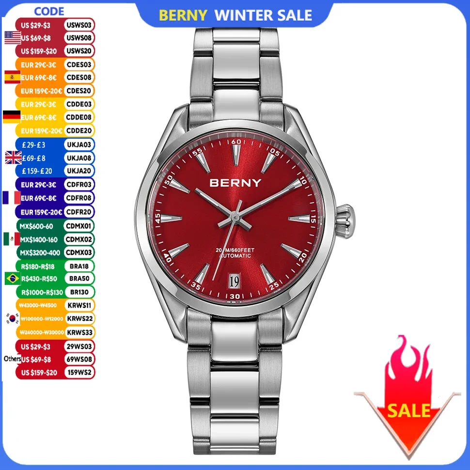 Reloj BERNY para mujer, reloj mecánico automático de acero inoxidable con zafiro, relojes de natación elegantes para mujer, reloj de pulsera con