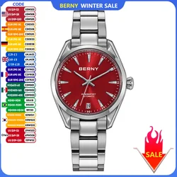 BERNY Women Watch Automatic Mechanical Full Stainless Steel Sapphire Elegant Women's Swim Watches Calendar 20ATM Wristwatch