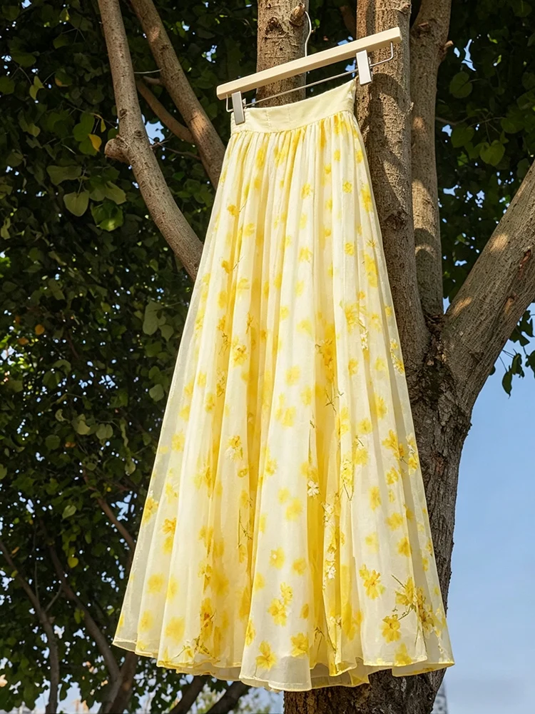 Dopamine Yellow Floral Lace Half Skirt Women's Summer New High Waist Slim A-Line Long Skirt Design Sense Midi Skirt