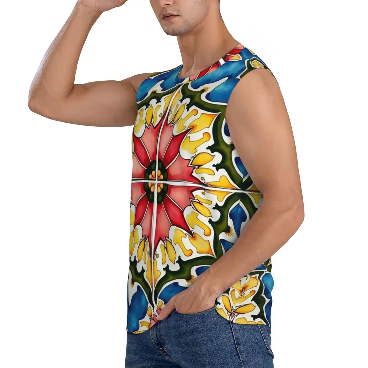 Mediterranean,colorful,vibrant,mosaic Tiles Art 1 Men Sleeveless Tank Tops Quick Dry Breathable Gym Fitness Running Sport Vest
