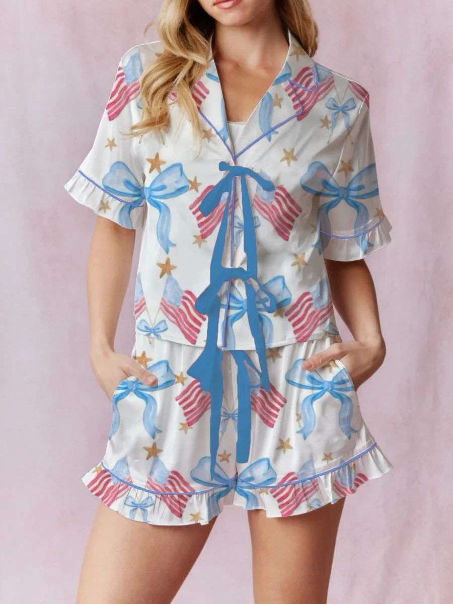 

Women 4th of July Pajamas Set Bow Print Tie Front Short Sleeve Tops with Shorts Summer Lounge Wear 2 Piece Sets Pajamas Sets