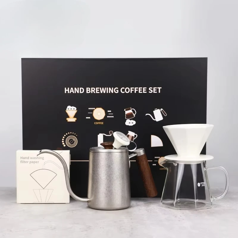 Classic Metal Hand Brewed Coffee Set Includes Pot Utensils Drip Filter in Home Brewed Coffee Gift Box