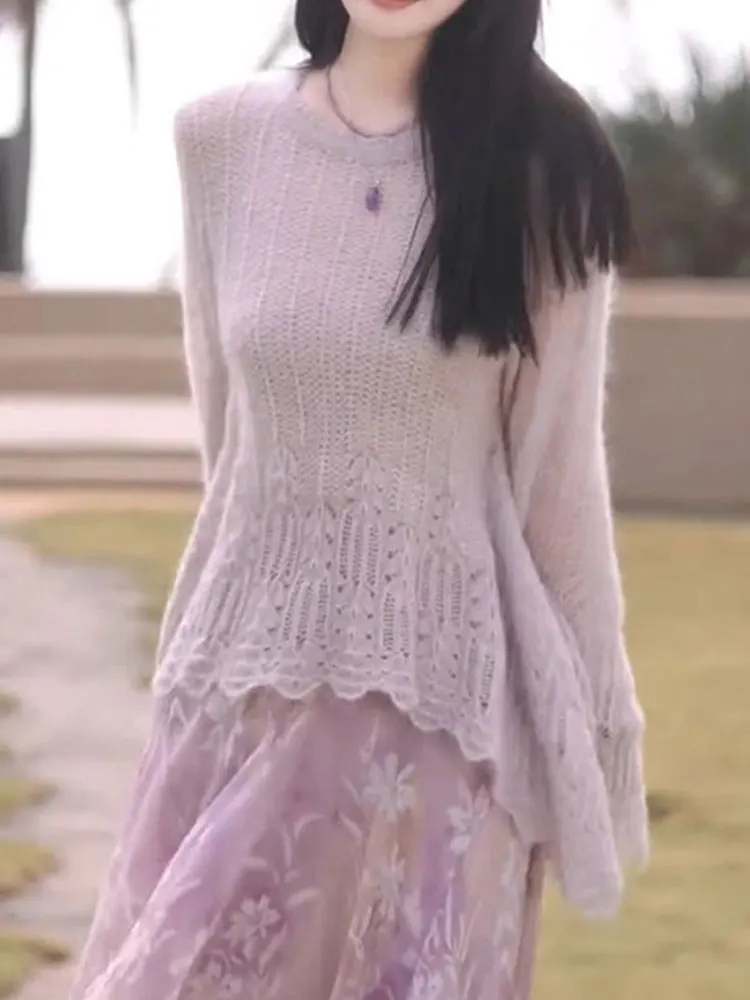 Hollow Knitted Long Sve Casual Pure Color Overhead Top Loose Slimming Sle Early Autumn Lazy Faion Leisure Anti-aging