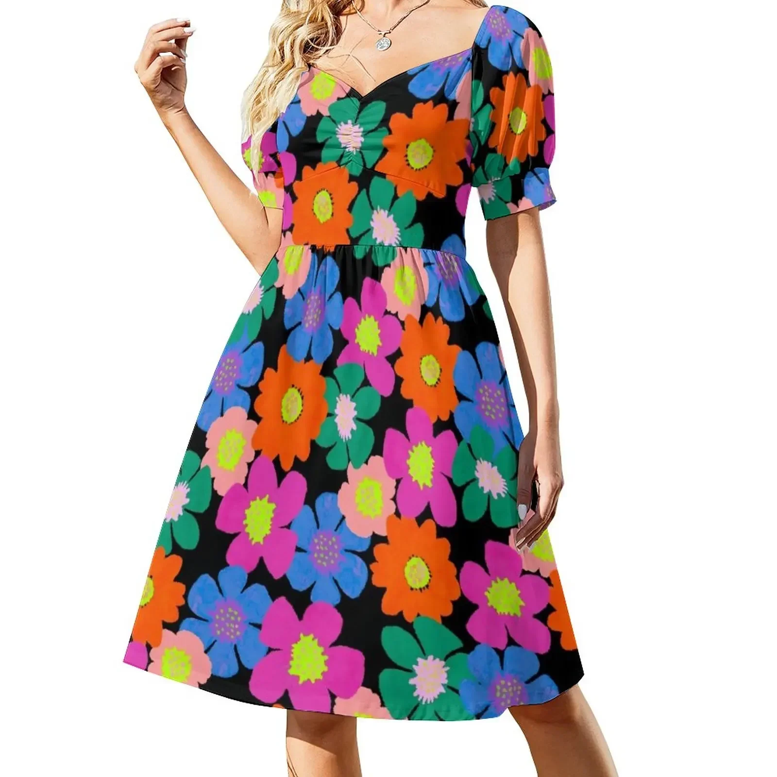 

Primary Flower Power on Black Sleeveless Dress Elegant gown women's fashion dresses Female dress Dress