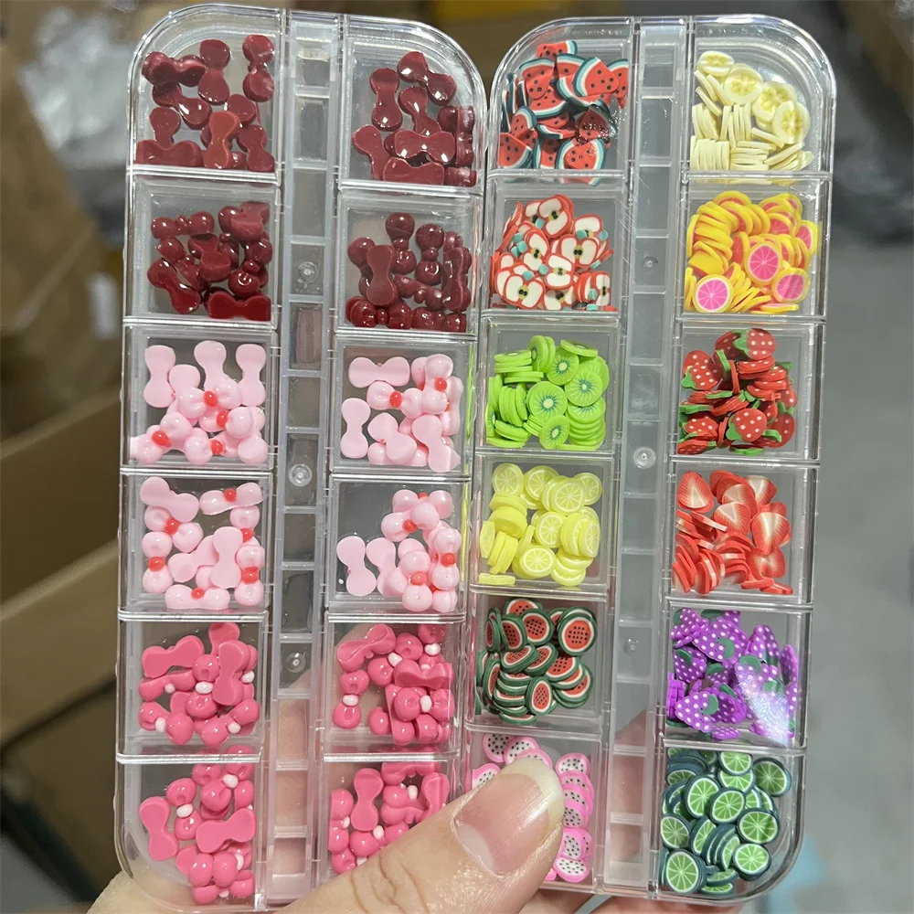 12Grid Mixed Colorful Nail Fruit Slices/Bow Nail Charms Strawberry,Lemon,Grape,Pink,Red Resin Bow Nail Art DIY Manicure Parts&*&