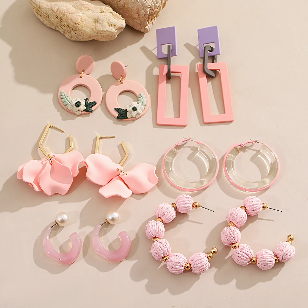 AENSOA Pink Raffia Round Bead Interlocking Earrings Strawberries Pearls Inlaid Shape Spray-painted Flowers Women's Jewelry New