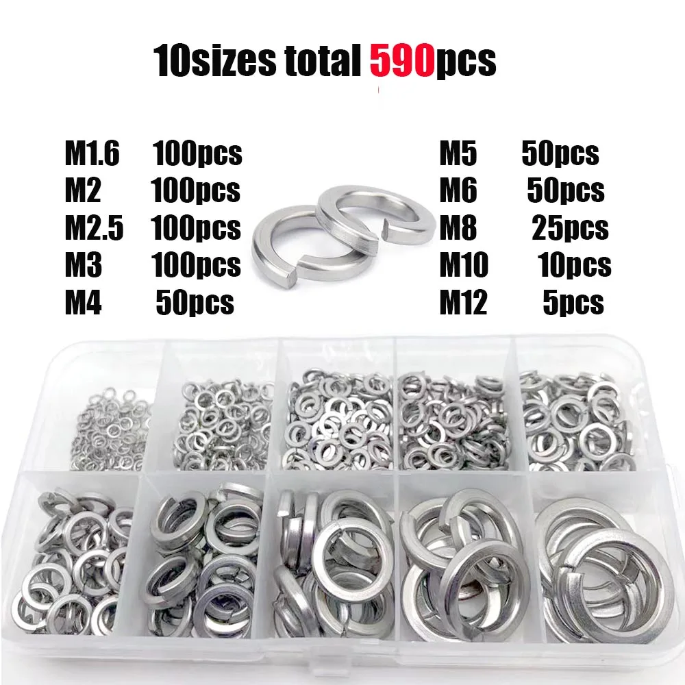 

590/930pcs/set M1.6 M2 M2.5 M3 M4 M5 to M16 304 Stainless Steel Spring Split Lock Washer Assortment Kit Elastic Gasket Box Set