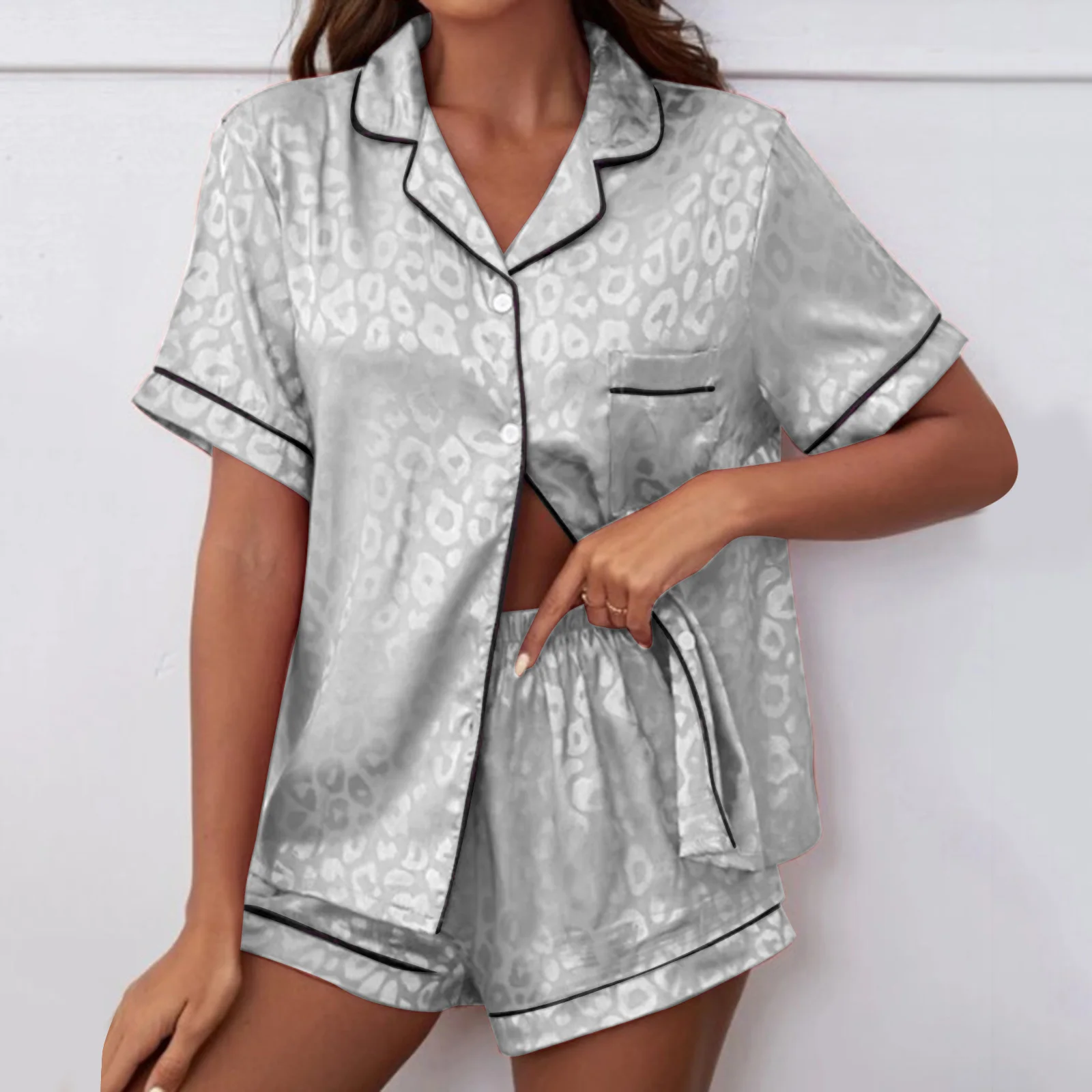 Sleepwear Pajamas Sets Womens Silk Satin Print Short Sleeve Lapel Neck Top With Shorts Silk Multi Color Pajamas Set Loungewear