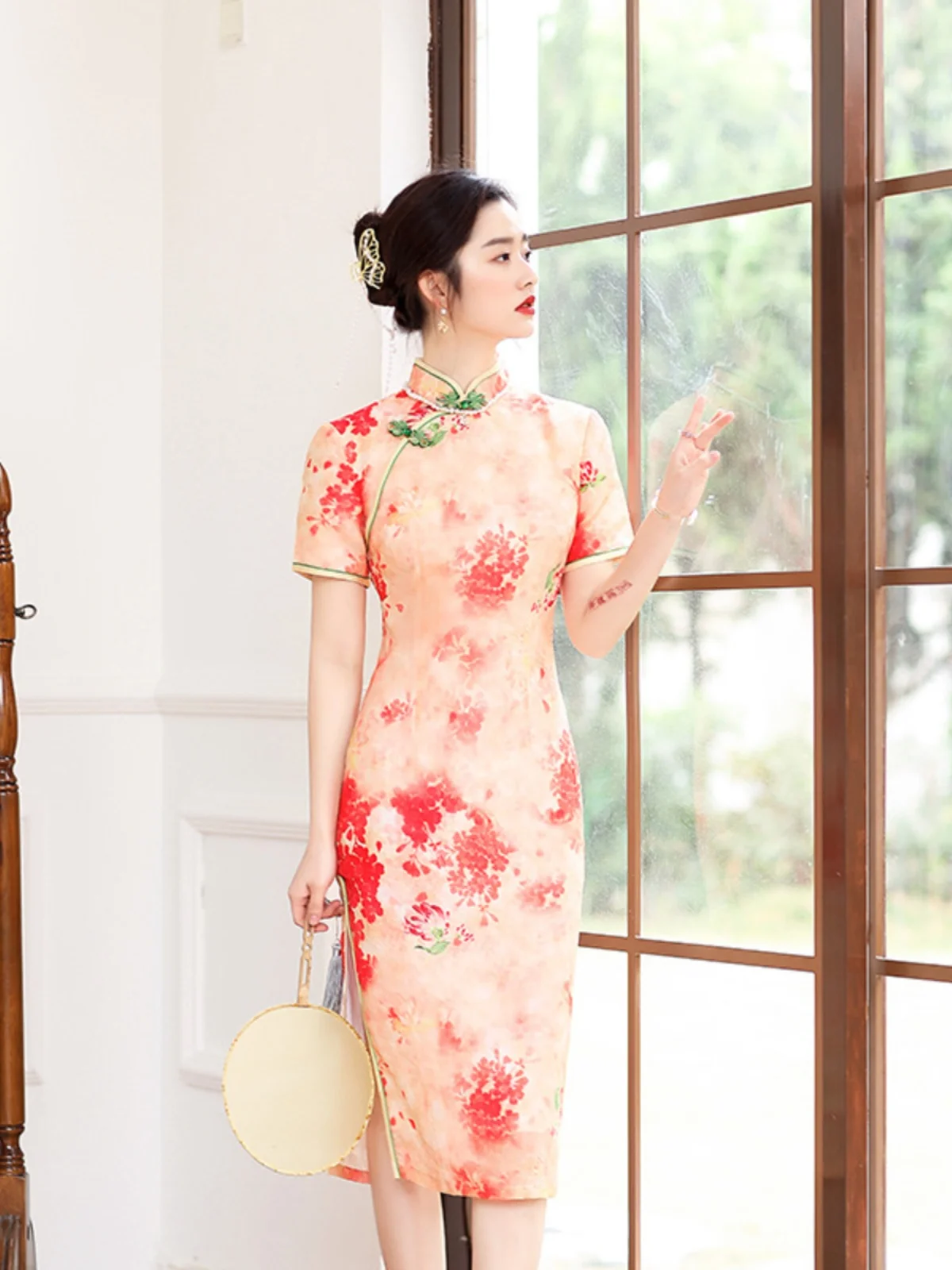 

Ele Young Sle Slimming Qipao Dr Hongyun Dr Retro Design Casual Low Slit ort Sve Floral Print Chinese Faion