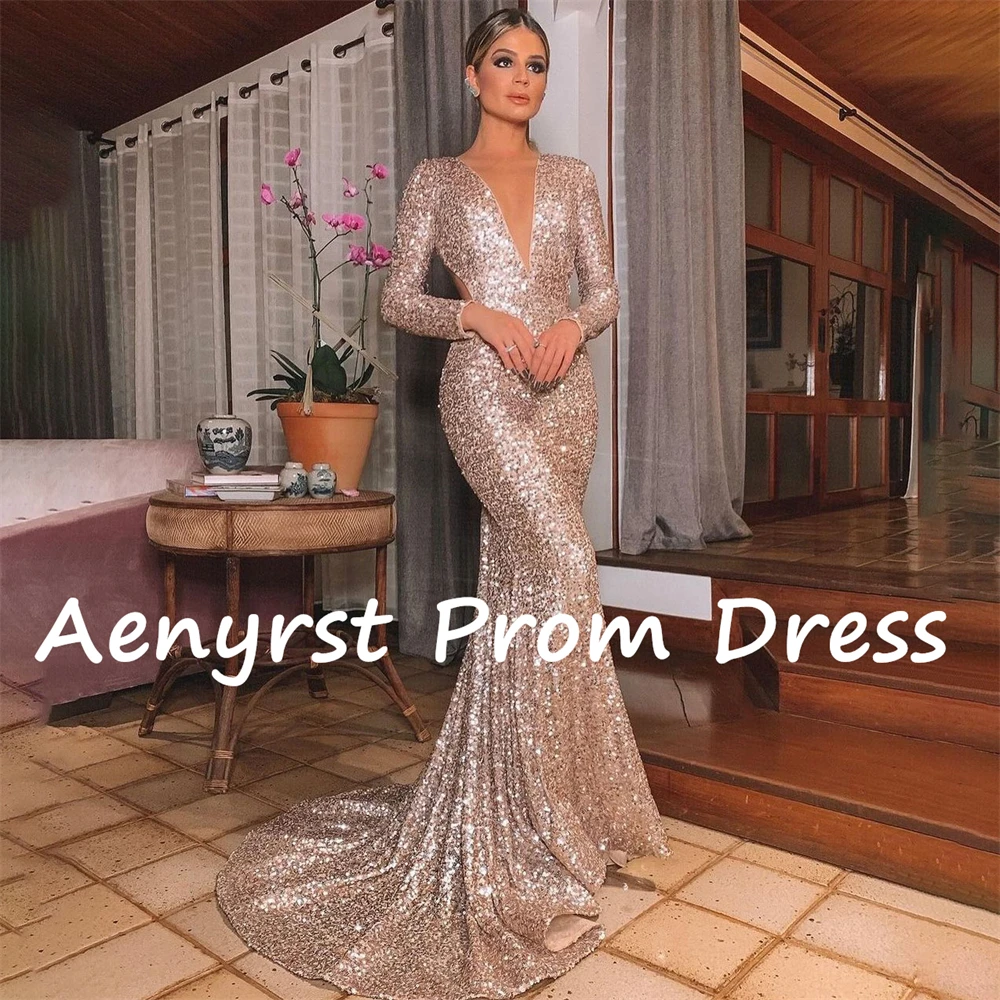 Aenyrst-vestidos de graduación con lentejuelas y cuello en V profundo, vestidos de noche ajustados de sirena brillantes, vestido de fiesta Formal largo hasta el suelo, mangas largas, Sexy