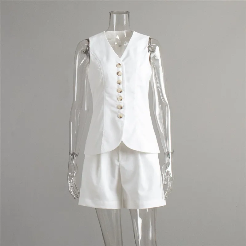 Wedifor Fashion Women Solid Waistcoat Shorts Set Summer Sleeveless V Neck Buttons Vest Tops And Pockets Shorts Matching Suits