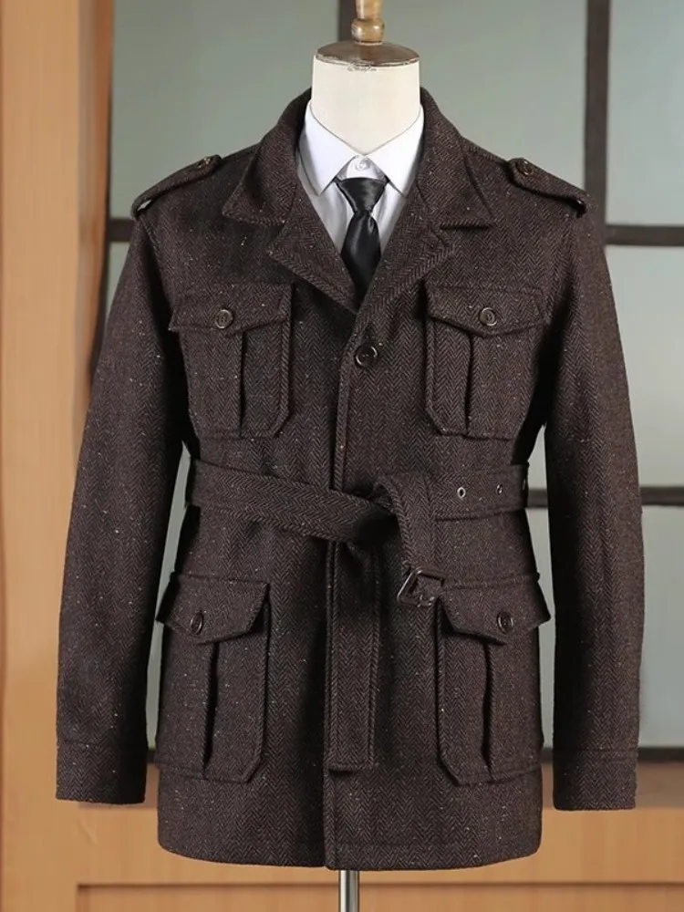British Style Vintage Mens Multiple Pockets Cargo Jacket Single Breasted Business Casual Sashes Autumn Winter Office Wool Coat