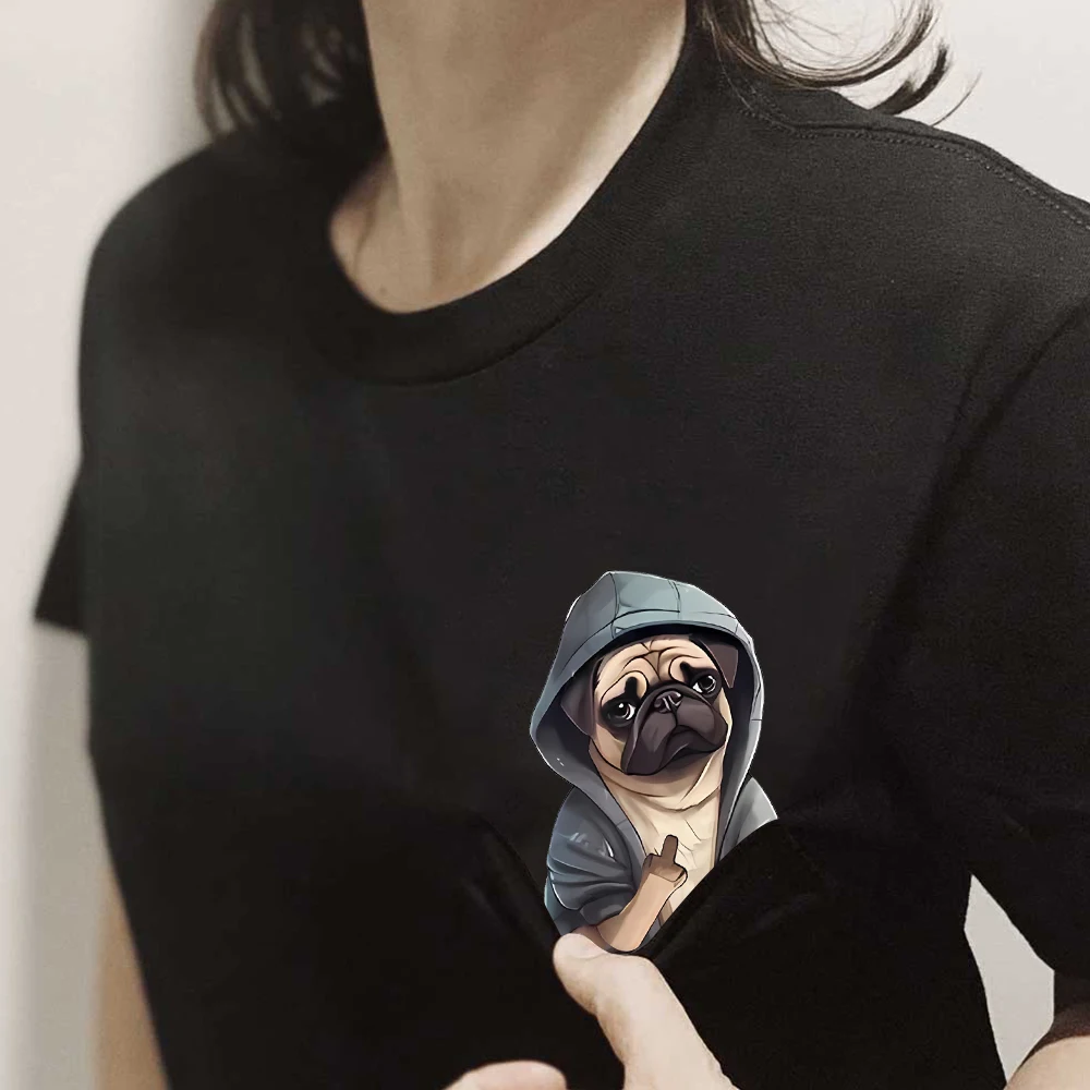 CLOOCL Pug Dog Cotton T-Shirts Pekingese Show The Middle Finger Printed Pocket T-shirt Mens Women Clothing Short Sleeve Shirts