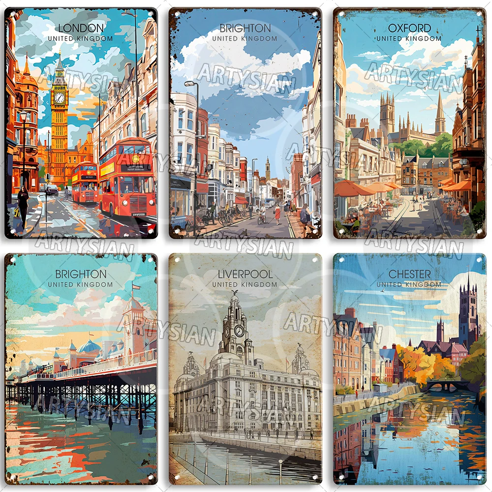 United Kingdom British UK Travel Cityscape Metal Sign Cambridge Liverpool London Brighton Chester Bath York