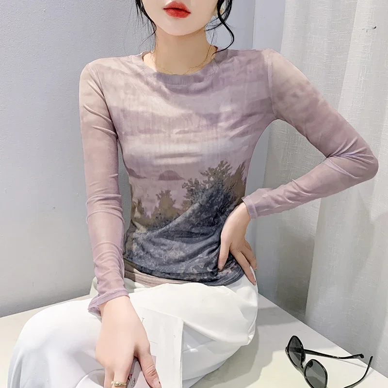 2024 Autumn/Winter New Women's Fashion Round Neck Long Sleeve Printed Mesh Top Women's Clothing  Korean  Ropa De Mujer Tees