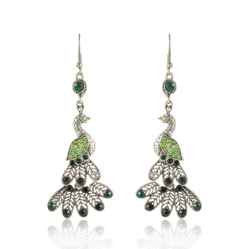 Ethnic Peacock Jhumka Earrings Women Silver Color Geometry Alloy Bohemia Classic CZ Earrings Statement Hangers