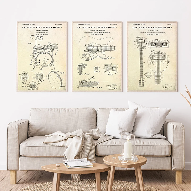 Patent Vintage Musical Instrument Acoustic Guitar Collapsible Drum Poster Wall Art Pictures Canvas Painting Room Home Decor Gift