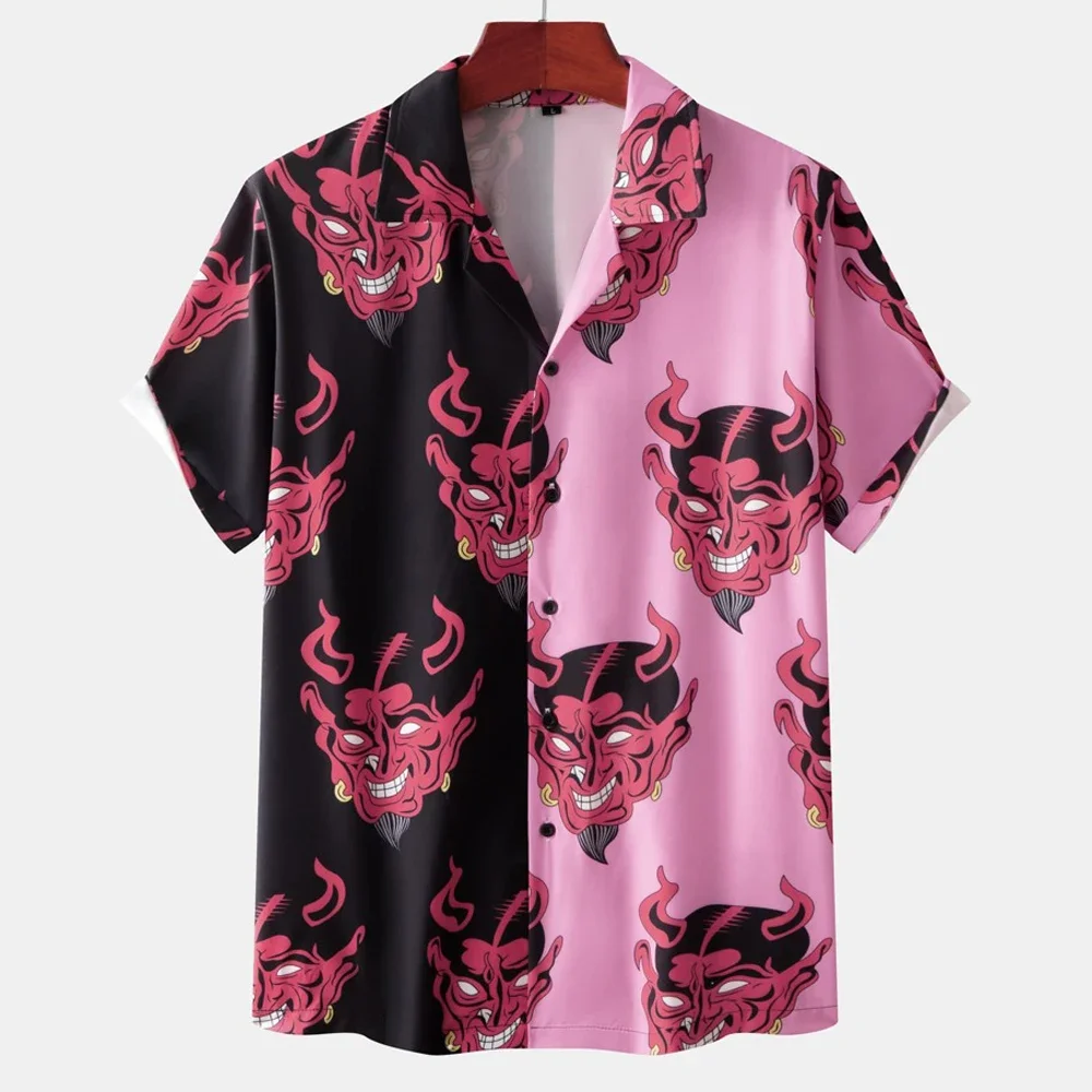 

Hawaiian Shirt Men Cuban Collar Devil Print Men's Shirt Streetwear Fashion Summer New Short Sleeve Top Men's Trendy Clothing