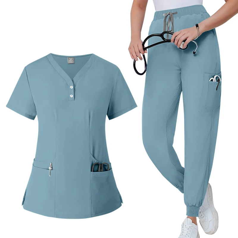 Men Women Doctors Nurses Surgical Suit Solid Color V-neck Pocket Elastic Quick-drying Top+pants Oral Dental Surgery Uniform Set