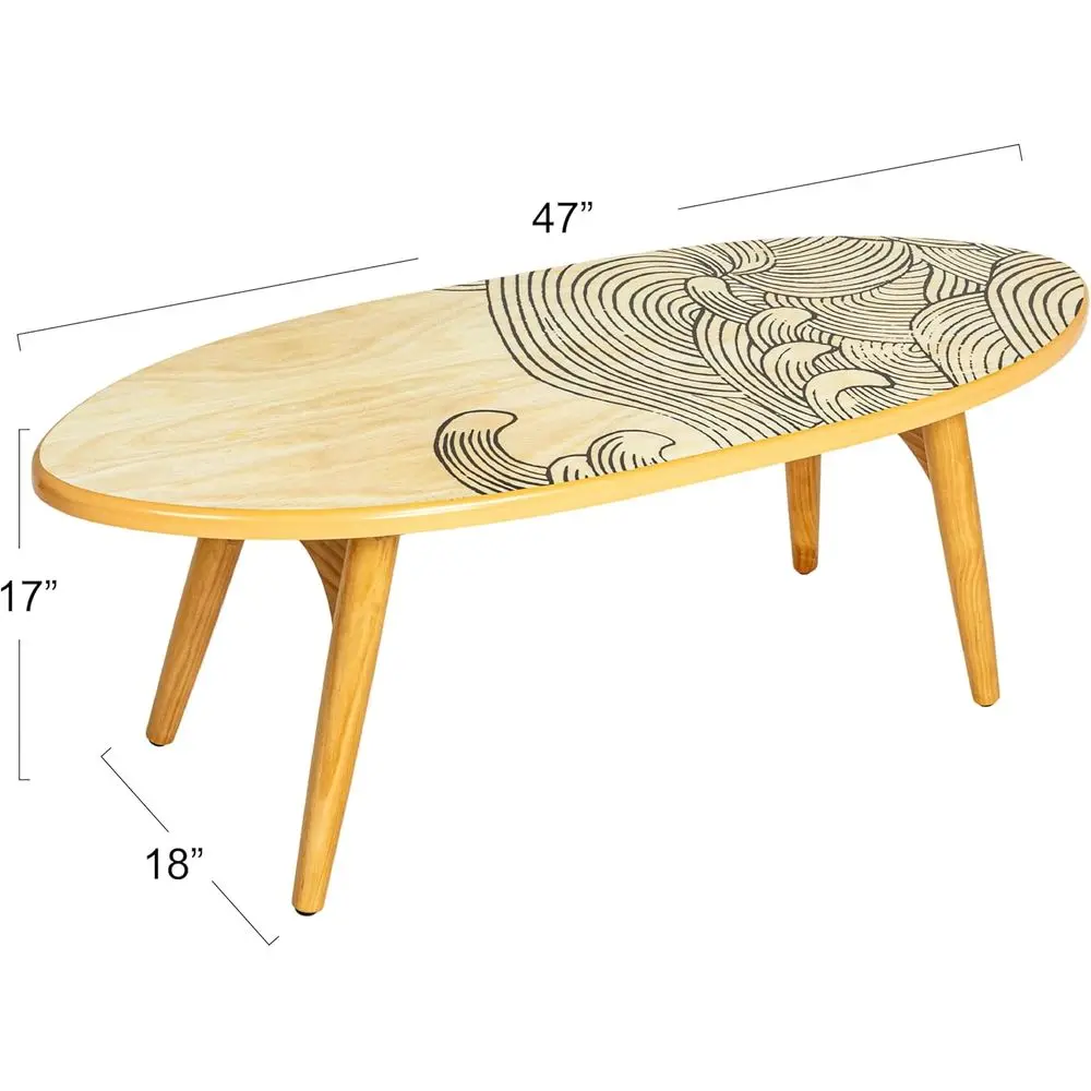 Ocean-Inspired Natural Wood Surfboard Coffee Table with Wave Pattern