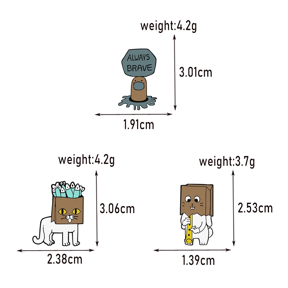 Funny Creative Cats Mole Enamel Pin ALWAYS BRAVE Badge Dried Fish Paper Bag Kitten Animal Brooches Denim Shirt Lapel Pin Jewelry image 5
