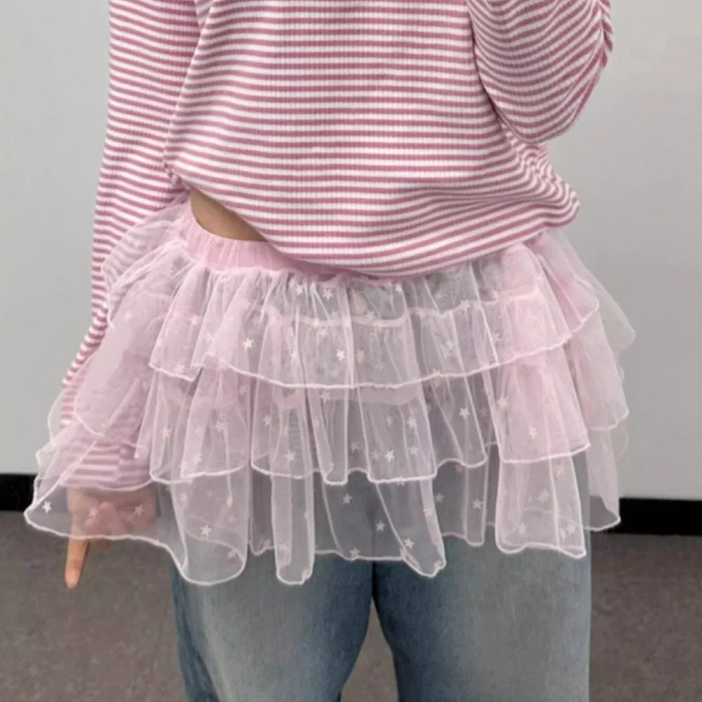 

Embroidered Flower Tulle Mini Skirts See Through Harajuku Lace Mini Skirt Star Printing Y2K Streetwear Lace Up Ruffles Skirt