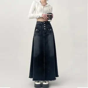High waist jeans for women, long line, medium length, raw retro edge, women's clothing, Korean style, fall, y2k 8 Main Sales Skirt Office - №3
