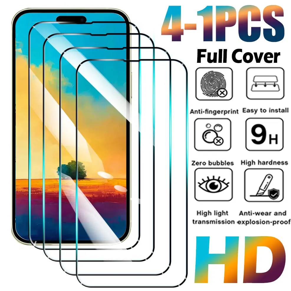 

4-1Pcs Tempered Glass For iPhone 16 15 14 13 12 11 Pro Max Screen Protector For iPhone 16E 12 Mini X XR Xs Protective Glass Film