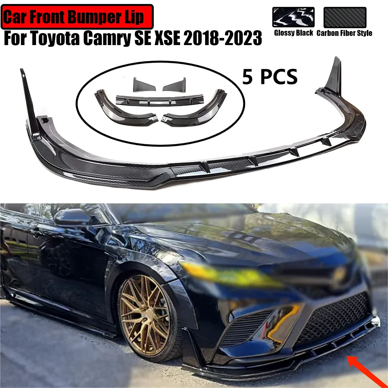 Car Front Bumper Lip For Toyota Camry SE XSE 2018-2023 Splitter Spoiler Diffuser Glossy Black Carbon Fiber Style 5PCS 2022 2021