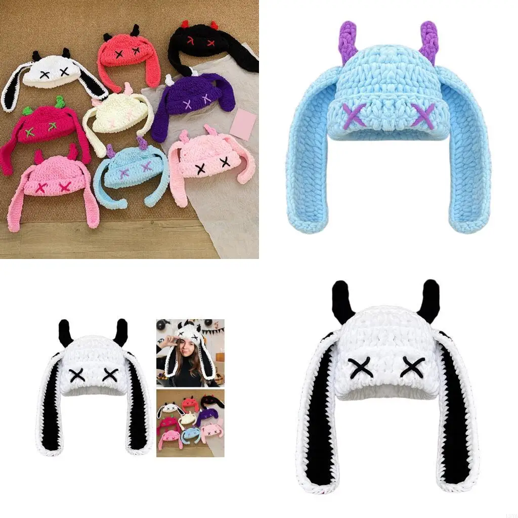 

L5YA Crochet Cap with Devil Horn Long Ears Stretchy Pullover Hat Winter Warm Headwear