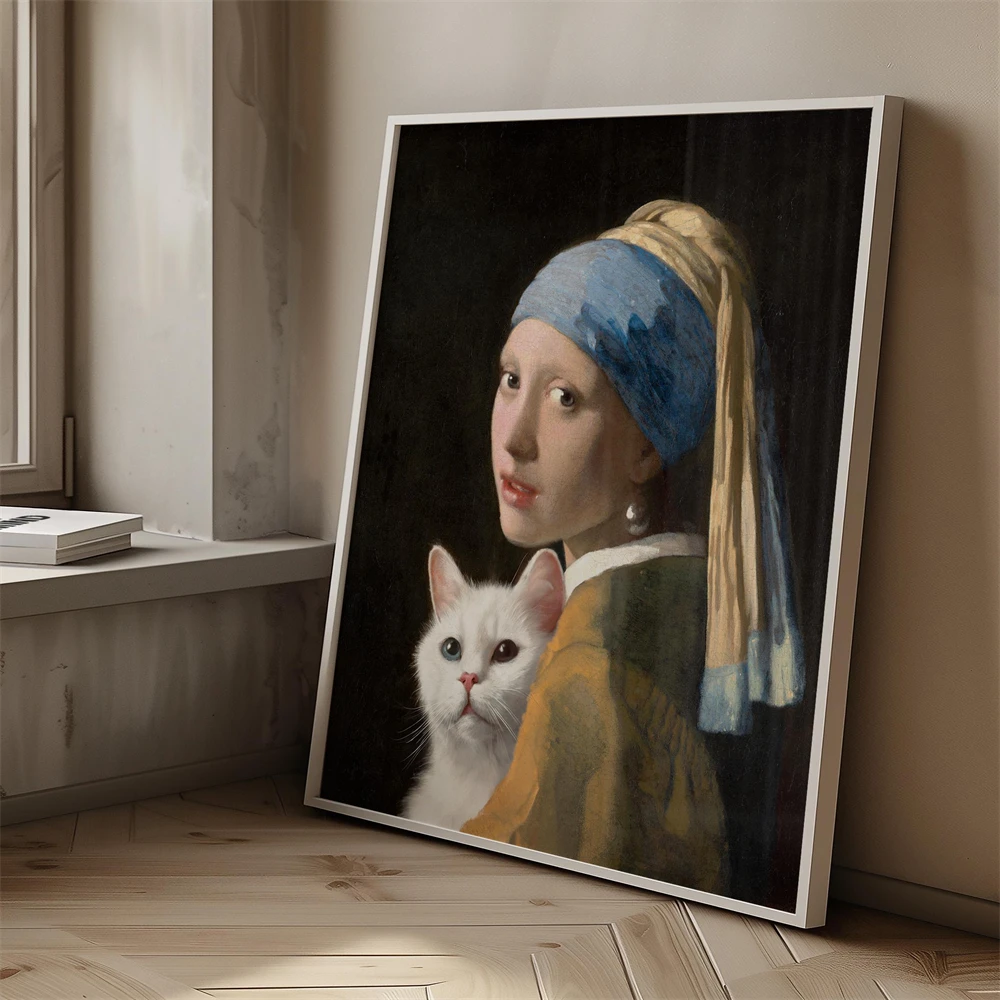 Girl With Pearl Earring Print Poster Mona Lisa with Cat Classic Art Poster Renaissance Style Wall Art Funny Canvas Painting