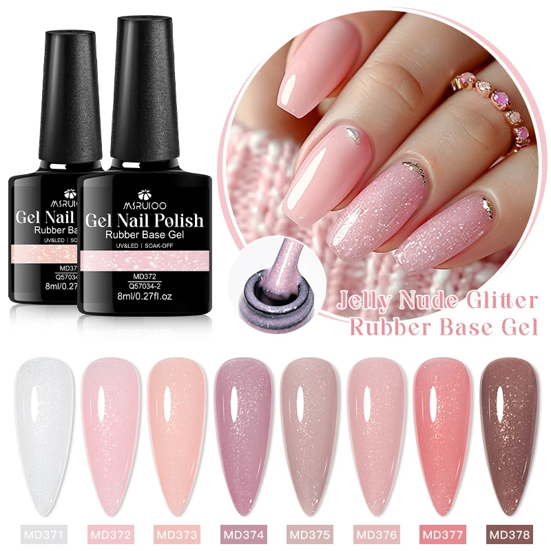 8ml 2 In 1 Jelly Nude Glitter Rubber Base Gel Nail Polish Self Leveling UV Construction Gel Varnish Soak Off Nails Nail Supplies