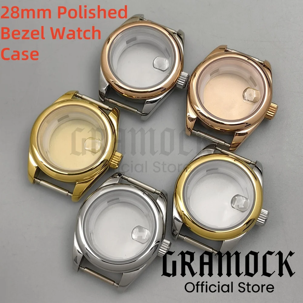 Gramock 28mm Polished Round Steel Watch Case For Ladies Waterproof Sapphire Glass Fit NH05 NH06 Movement Watch Replacement Parts