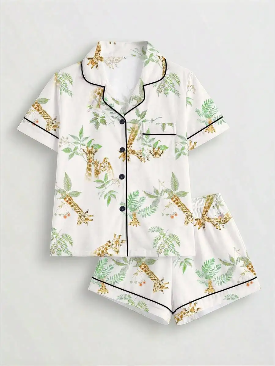 

2pcs Women Pajama Set, Guinea Pig Print, Ladies Homewear, Spring/Summer Holiday Outfit, Short Sleeve Lapel Top And Shorts Lounge Wear