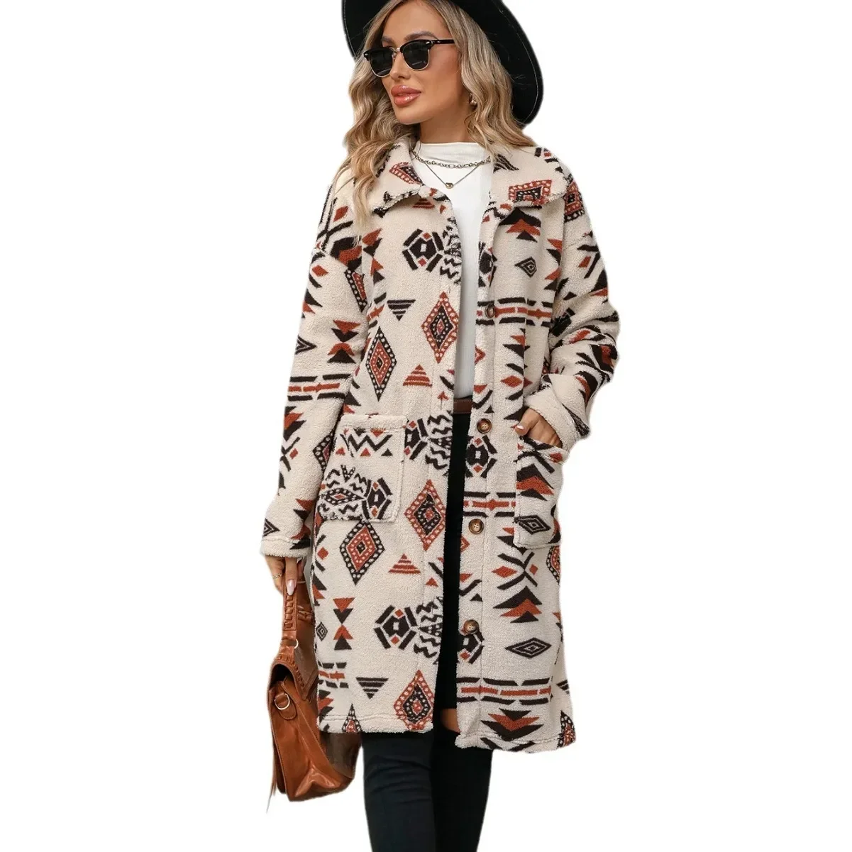 Single Breasted National Style Plush Coat Winter Loose Long Fluffy Overcoat Outerwear Fashion Print Plush Long Jacket for Women