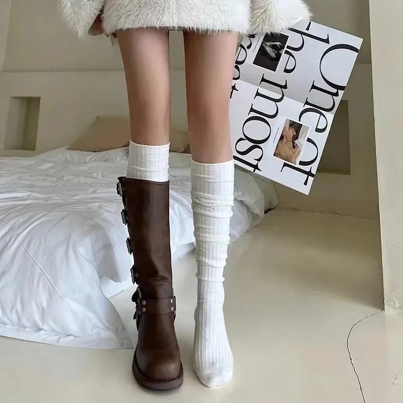 

Spring Knee Length Stockings for Women White Pile Socks Fashion GIrls JK Slimming Boots Sock Japanese Calf Socks Cotton Footwear